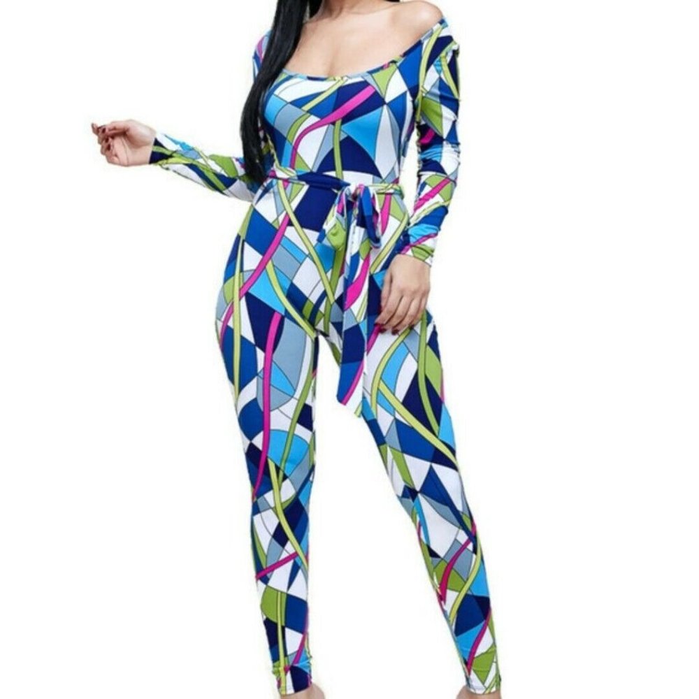 Sara Ann Kaleidoscope Blue White Long Sleeve Bodycon Casual Jumpsuit